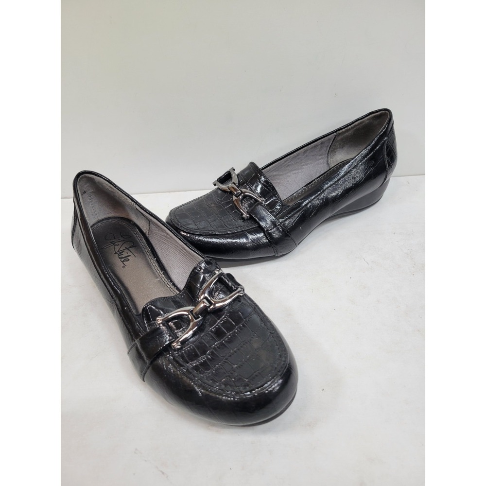 LifeStride Womens 7.5M Black Croc Embossed Horsebit Wedge Comfort Loafers